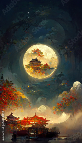 Mid-autumn festival full moon background illustration art Generative AI Content by Midjourney