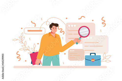 Searching opportunities color concept with people scene in the flat cartoon style. Man search different opportunities for a job in the Internet. Vector illustration.