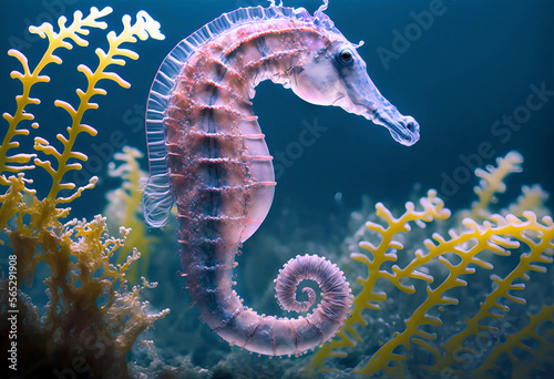 Transparent realistic seahorse on the background of corals and algae close-up.AI generated.
