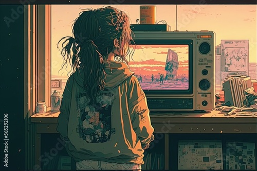 Girl watching TV. Lo-fi style. Generative AI art.