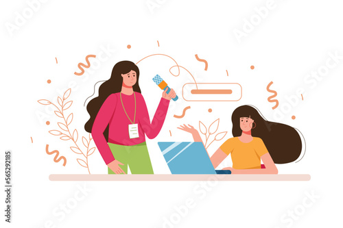 Interview color concept with people scene in the flat cartoon style. Journalist interviews a famous person. Vector illustration.