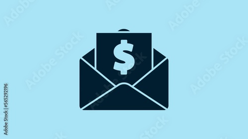 Blue Envelope with coin dollar symbol icon isolated on blue background. Salary increase, money payroll, compensation income. 4K Video motion graphic animation