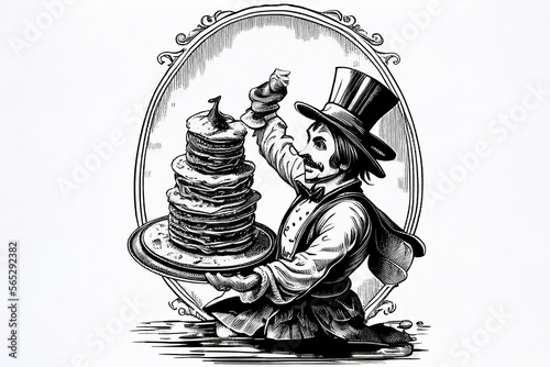 Photo Cartoon line drawing of a Victorian gentleman carrying pancakes on Shrove Tuesda