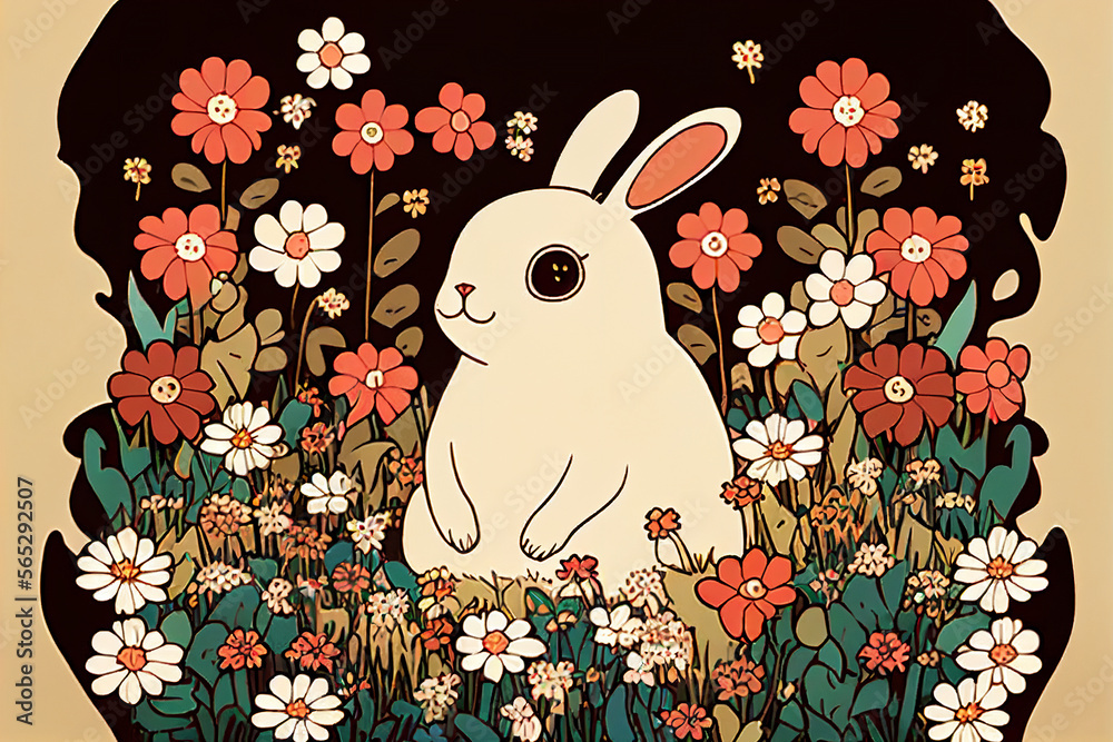 Cartoon of a cute Bunny rabbit sitting amongst flowers in a dreamy ...
