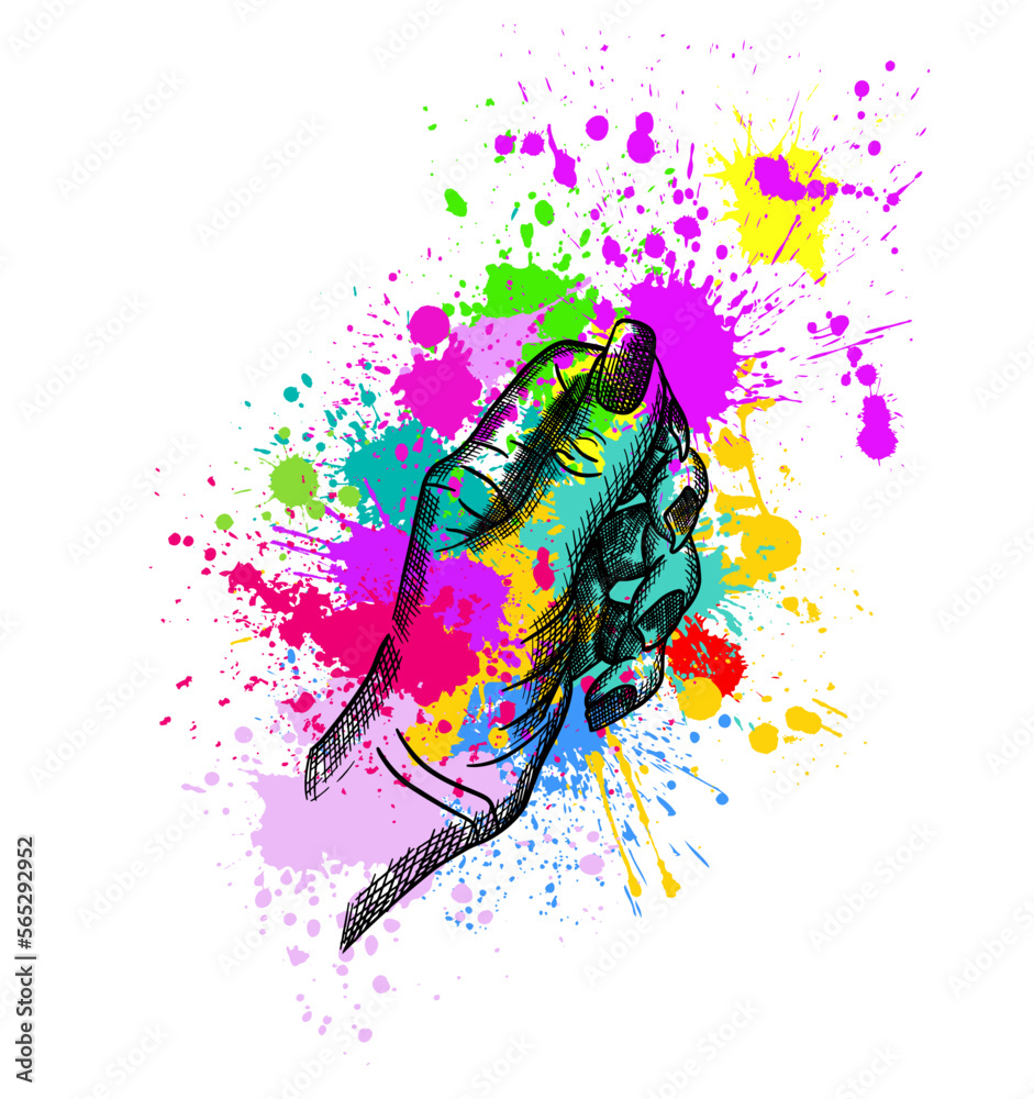 Naklejka premium hand with blots. Happy holi. Vector illustration