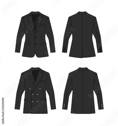 Single breasted and double breasted suit jacket vector template illustration set | black