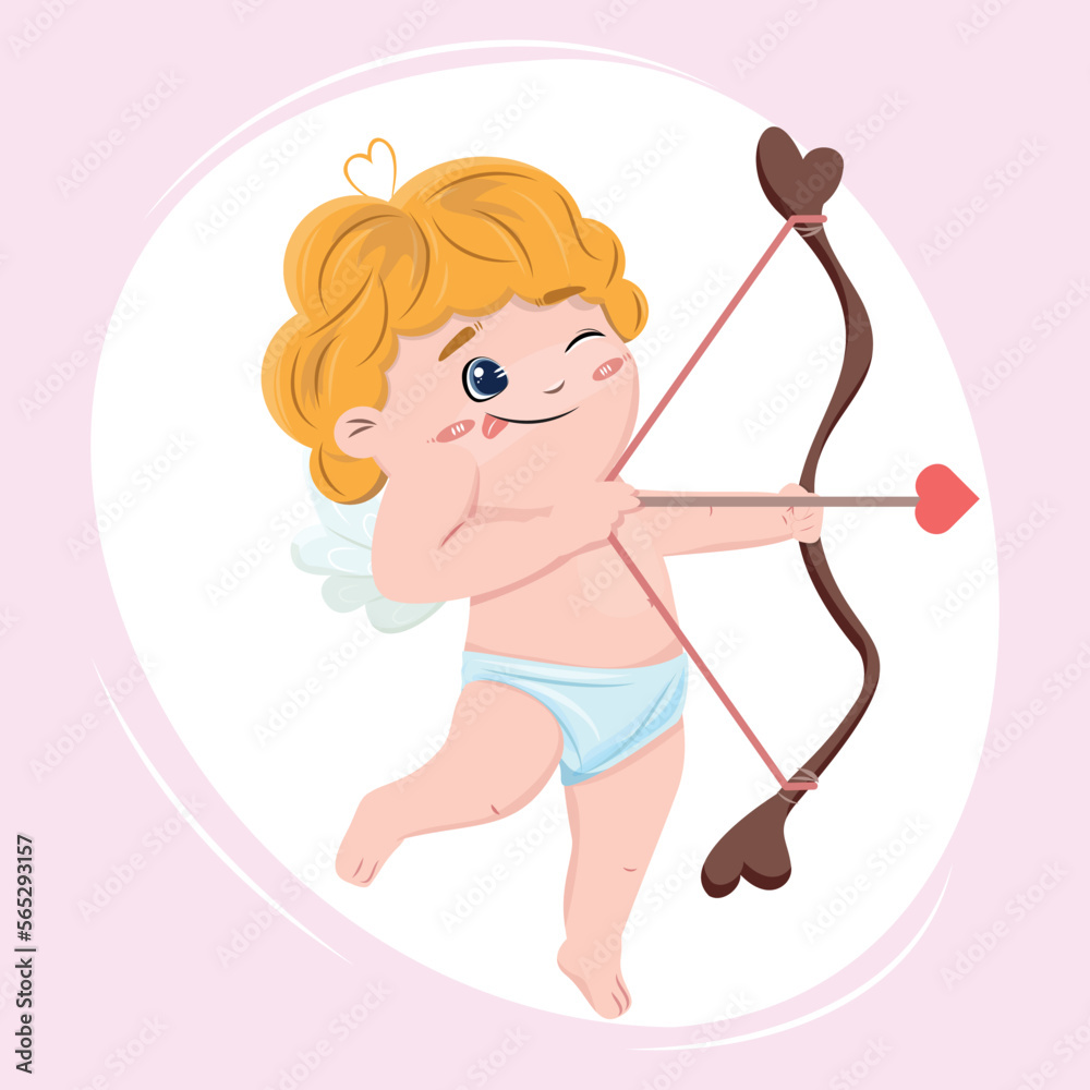 Cute cupid aiming a bow and shooting with hearts. Happy Valentines Day concept illustration with a cute cupid. Cute cupid aiming a bow and shooting with hearts. Happy Valentines Day concept illustration with a cute cupid.