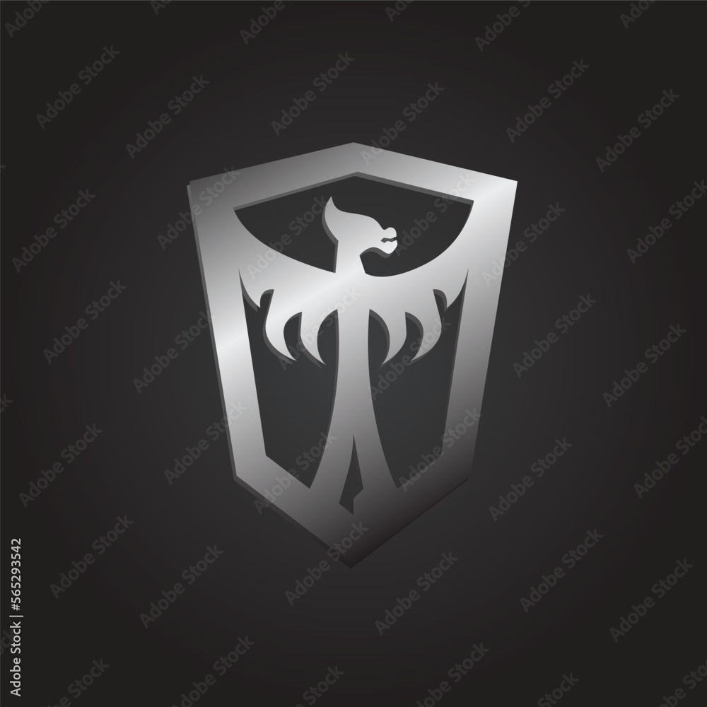 Metallic dragon vector logo within a shield. Suitable for sports, brand, product, and business.