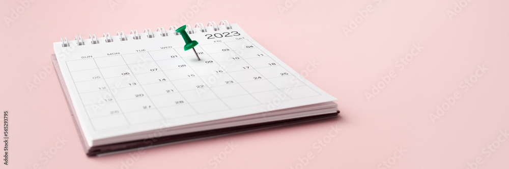 Calendar 2023 with pinned date on pastel pink background