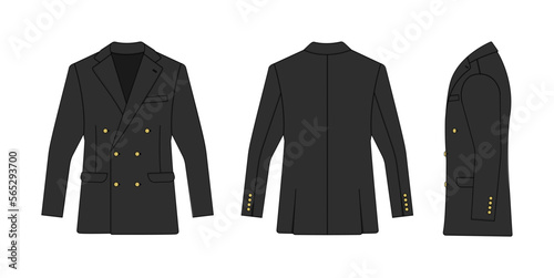 Double breasted suit jacket vector template illustration ( with side view) | black