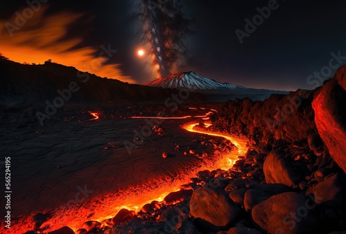 volcano eruption with lava river flow on ground at night time Generative Ai