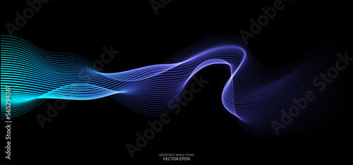 Vector abstract light lines wavy flowing dynamic in blue green purple colors isolated on black background for concept of AI technology, energy, electric, digital, 5G, science, music