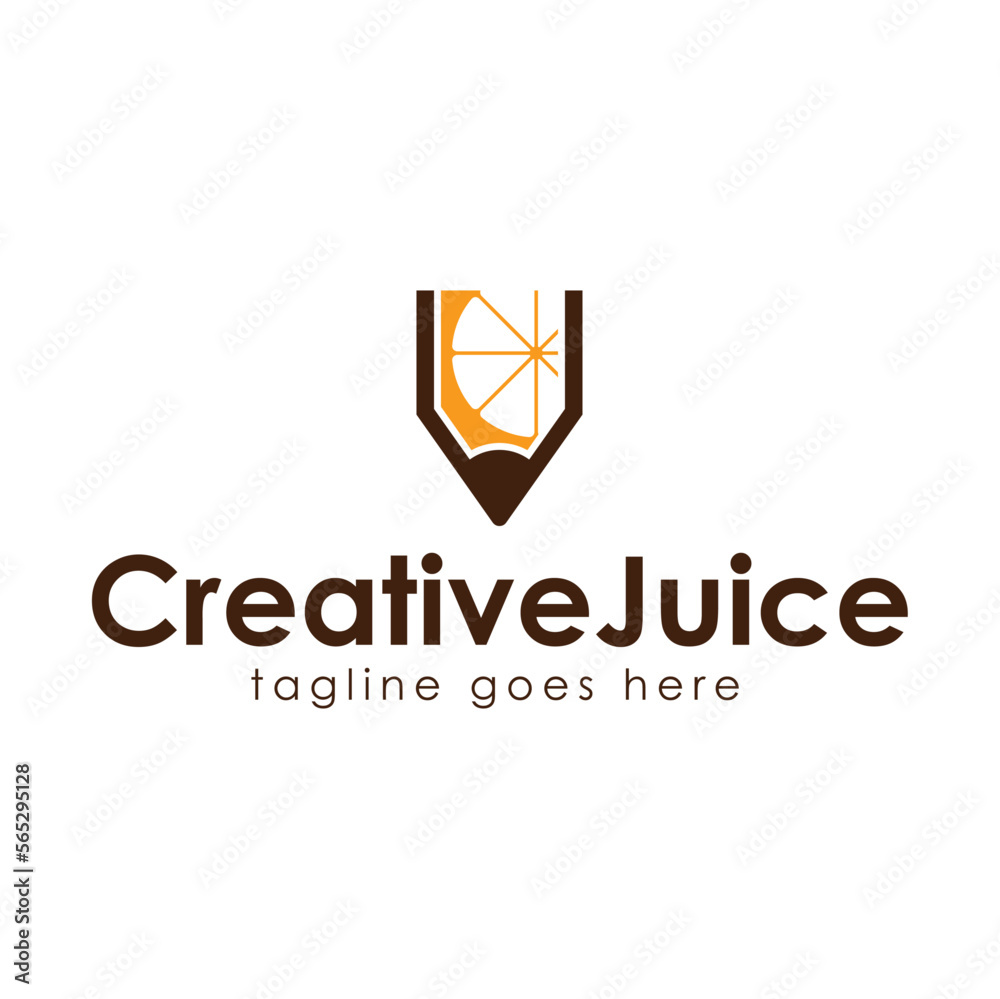 Creative Juice Logo Design Template with pencil icon and orange juice. Perfect for business, company, restaurant, mobile, app, etc. Creative Juice Logo Design Template with pencil icon and orange juice. Perfect for business, company, restaurant, mobile, app, etc.