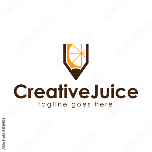 Creative Juice Logo Design Template with pencil icon and orange juice. Perfect for business, company, restaurant, mobile, app, etc.
