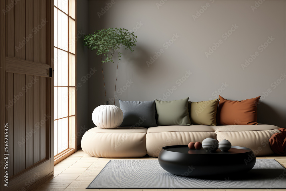 Japanese modern living room in earthy Morandi tones. Modern minimalist ...