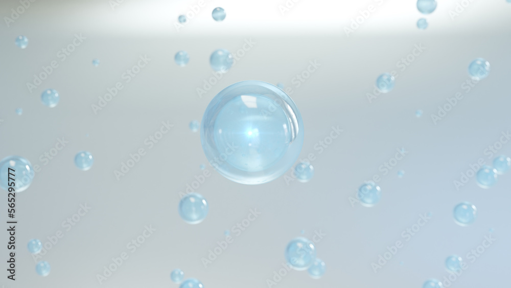 Cosmetics Bubbles of serum on a blurred background. Cosmetics magic bubble design Transparent balls, creative bubbles, and holographic liquid blobs floating in space. 3D render