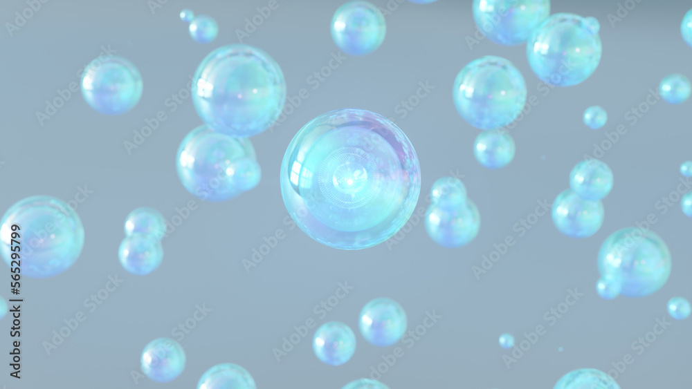 Many water bubbles rise in a macro shot on a bright background. 3D rendering of glossy bubble blobs or drips in 6k beauty. Vitamins for beauty and personal care concept