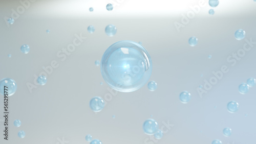 Cosmetics Bubbles of serum on a blurred background. Cosmetics magic bubble design Transparent balls, creative bubbles, and holographic liquid blobs floating in space. 3D render