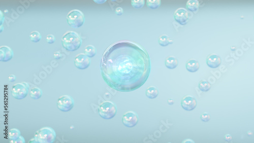 3D cosmetic rendering Blue Bubbles of serum on a blurry background. Design of collagen bubbles. Essentials of Moisturizing and Serum Concept. Concept of vitamins for beauty and health.