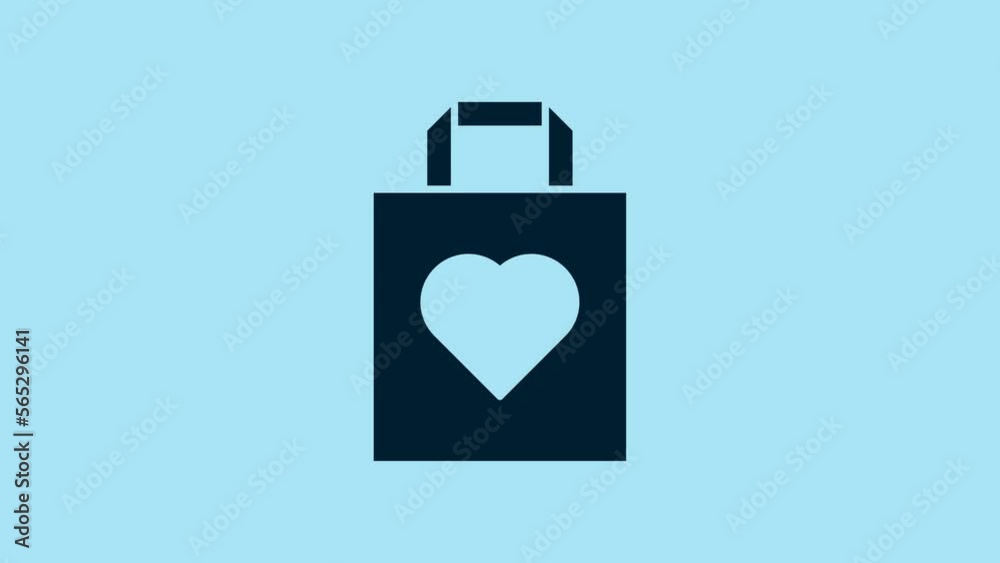 Blue Shopping bag with heart icon isolated on blue background. Shopping bag shop love like heart icon. Valentines day symbol. 4K Video motion graphic animation Blue Shopping bag with heart icon isolated on blue background. Shopping bag shop love like heart icon. Valentines day symbol. 4K Video motion graphic animation