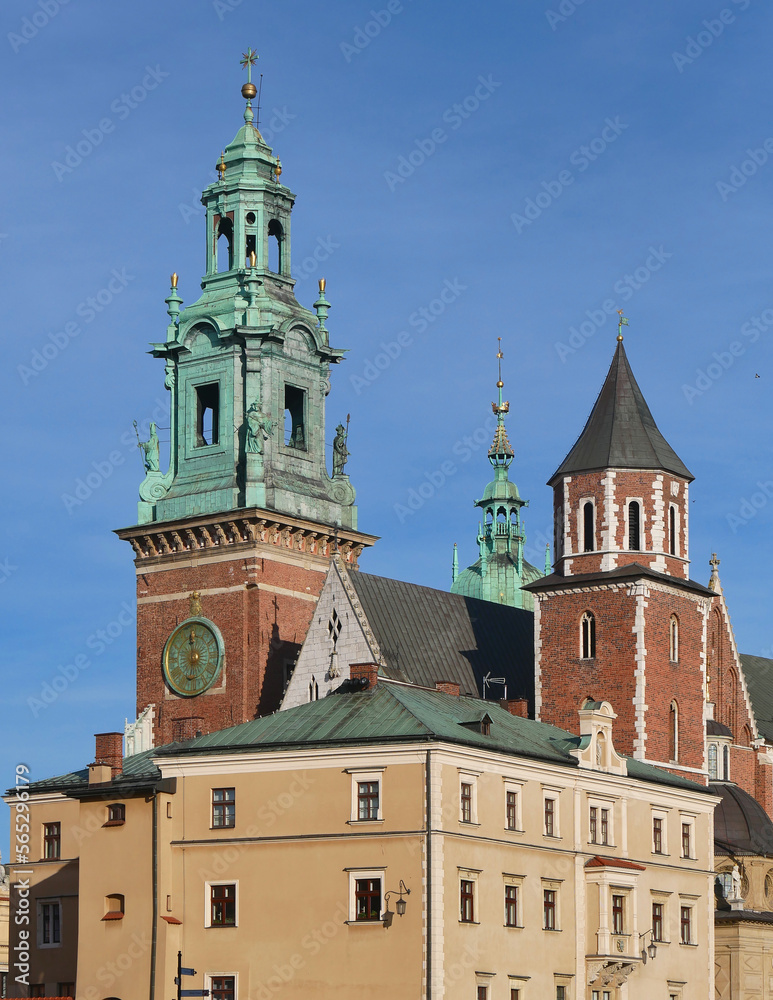 Close up of Wawel castle roofs and building materials (brick, stone, copper,...)
