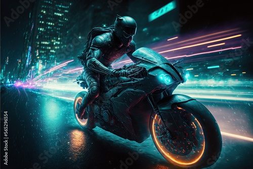 Speedway with riding Futuristic sport motorcycle in a night city,cyberpunk motorcycle background ,generative AI 