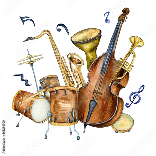 Photography Composition of contrabass, jazz musical instruments and signs watercolor illustration isolated