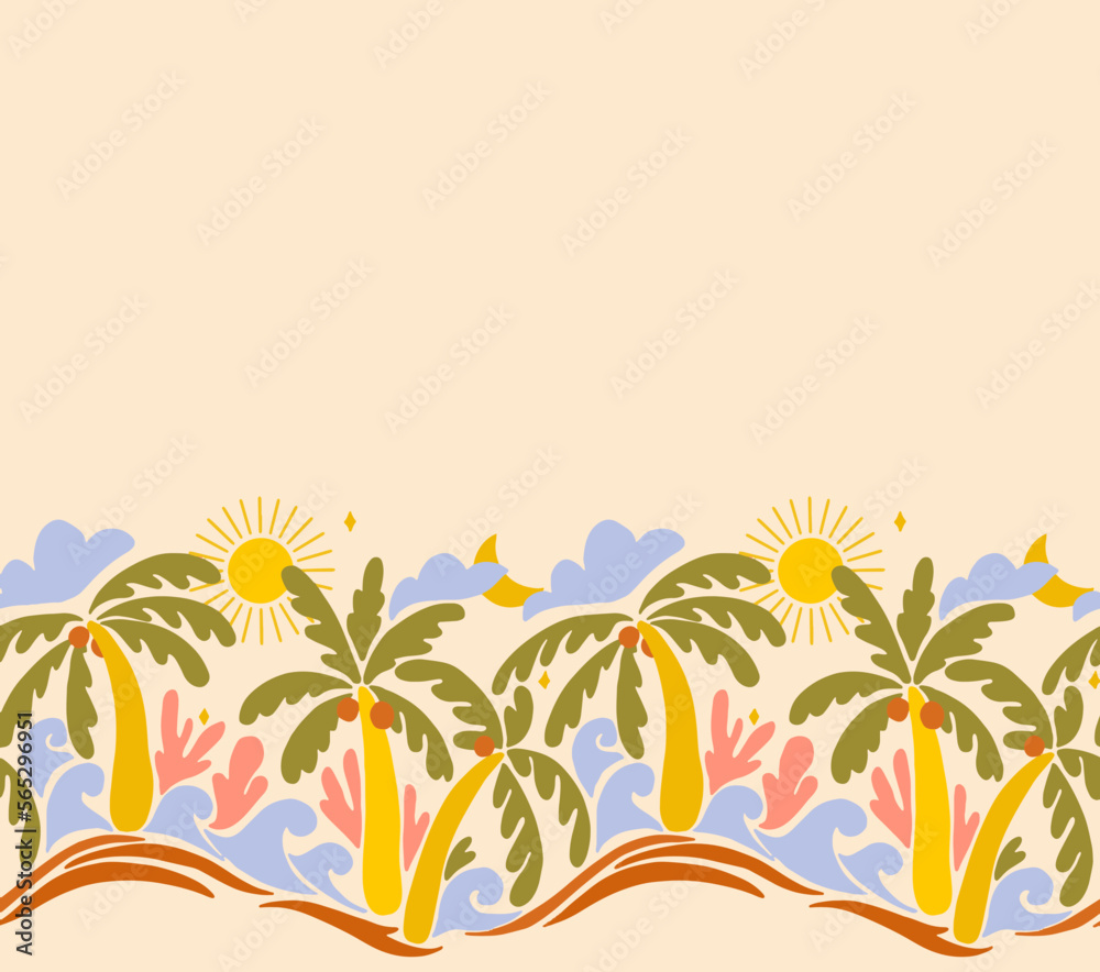 Beautiful vector old style 70s retro floral seamless pattern with colorful palms waves sun. Stock surfing illustration.
