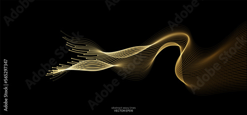 Vector abstract light lines wavy flowing dynamic in gold gradient colors isolated on black background for concept of luxury, technology, energy, electric, digital, 5G, science, music