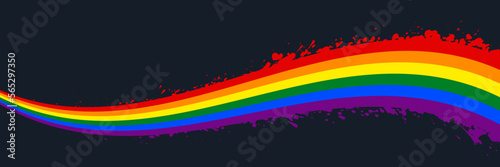 Rainbow splatter wave banner on dark background. LGBT pride flag, banner background for pride month. Pride rainbow wave design element. Vector illustration