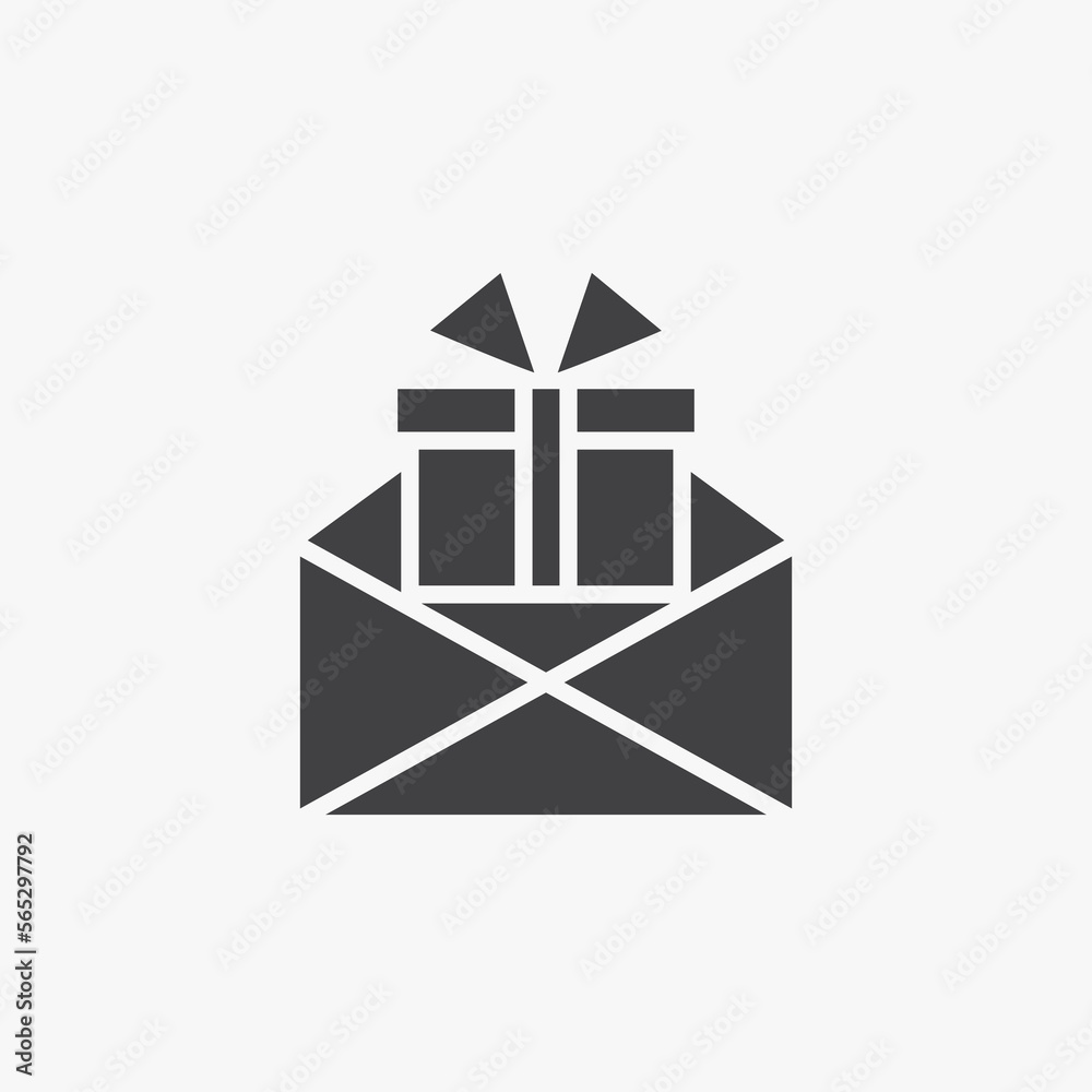 Gift box, parcel in envelope glyph icon with present silhouette Gift box, parcel in envelope glyph icon with present silhouette