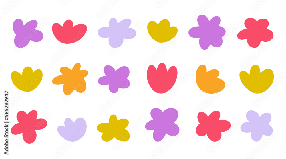 Simple flowers hand drawn colorful silhouette set