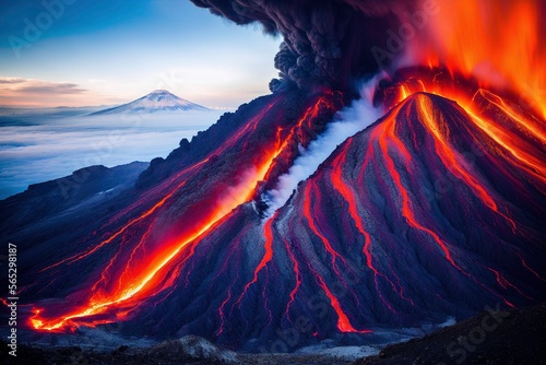 A Massive erupting volcano spitting lava , fire and smoke