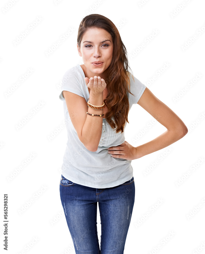 Portrait of a beautiful young woman blowing a kiss at the camera Isolated on a PNG background.