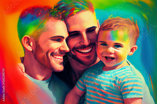 Happy homosexual family  two men and a baby  loving gay couple with child  ai illustration