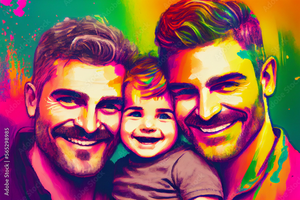 Happy homosexual family, two men and a baby, loving gay couple with child, ai illustration Happy homosexual family, two men and a baby, loving gay couple with child, ai illustration