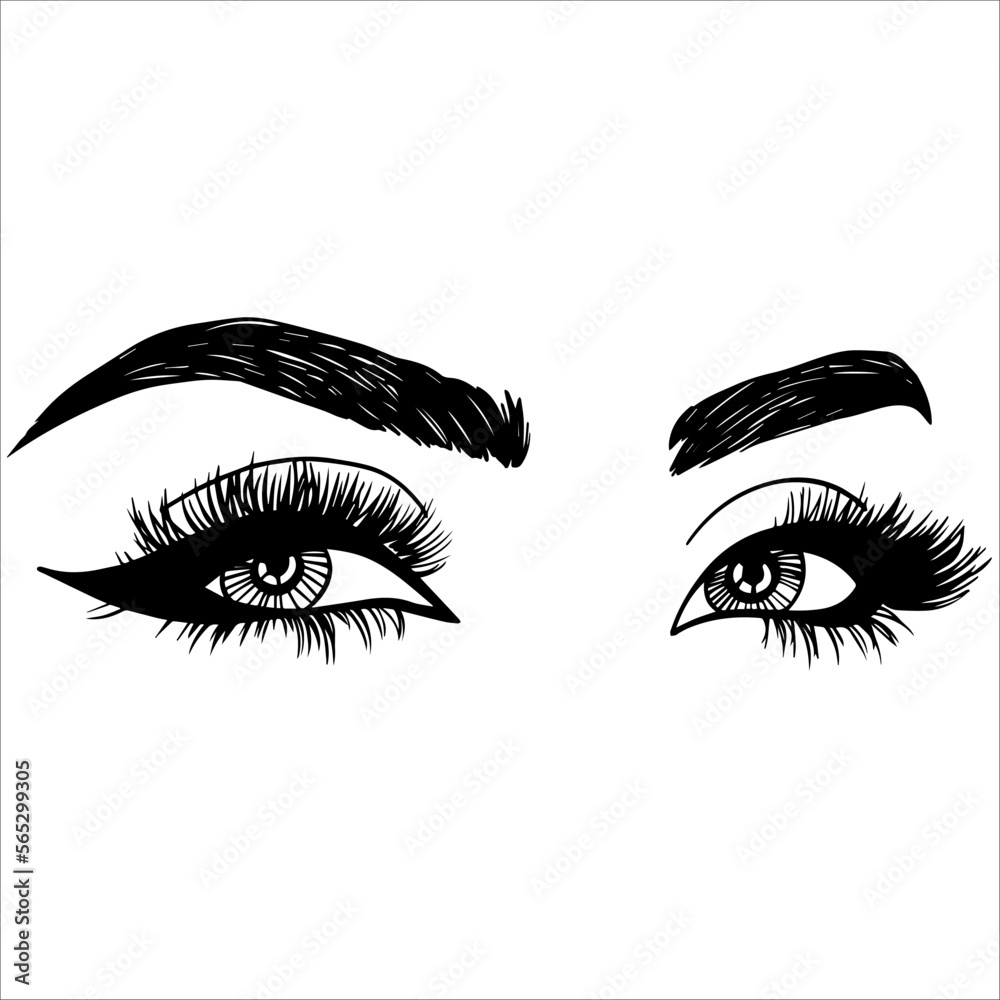 Illustration with female eyes, eyelashes and eyebrows. Realistic sexy makeup. Tattoo design. Logo for eyebrow bar or eyelash salon. Vector illustration Illustration with female eyes, eyelashes and eyebrows. Realistic sexy makeup. Tattoo design. Logo for eyebrow bar or eyelash salon. Vector illustration
