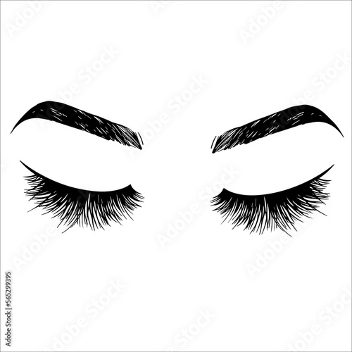 Illustration with female eyes, eyelashes and eyebrows. Realistic sexy makeup. Tattoo design. Logo for eyebrow bar or eyelash salon. Vector illustration