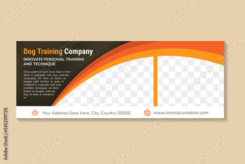 collection of dog training company webpage banner template. curve orange color and fully marketing purpose design. attractive standee horizontal layout banner. space for photo collage brown background