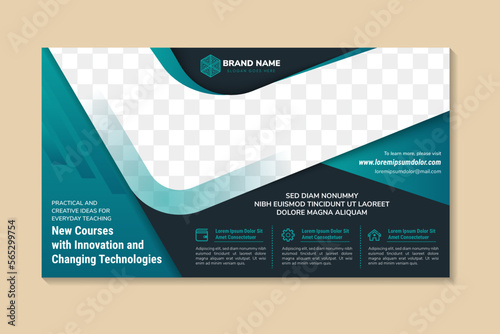 new courses with innovative technology, seminars horizontal banner design. Modern style dark blue color on background and element. place for the photo and text. Usable for banner, cover, and header.