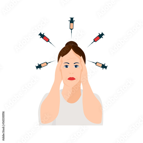 Botox for women. A woman hides from injections. Problems and diseases. Vector illustration in the flat style