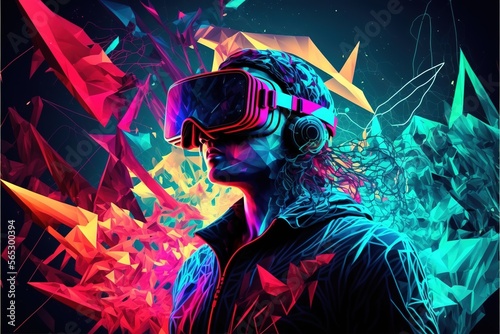 A person with advanced technology parts as vr visors and gadgets in action in a polygon synthwave environment. Futuristic cyberpunk AI. Generative AI image © losmostachos