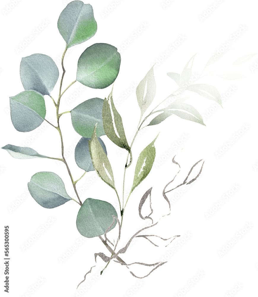 Watercolor eucalyptus flower arrangement. Greenery branches and jasmine flowers clipart. Foliage bouquet for wedding, stationery, invitations, cards. Illustration isolated on white background