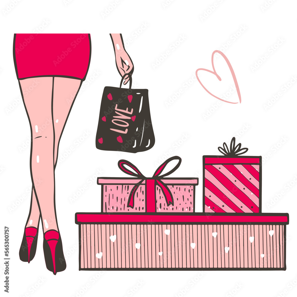 Vector girl in high heels, gift boxes.Design for Valentines day,Happy Birthday.