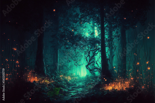 Fantasty Forest Scene at night with glowing lights created with generative AI