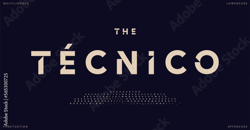 Stylish multilanguage font, minimalistic typeface with bevel cutouts, sporty futuristic type for modern logo, monogram, unique headline, game and tech design. Vector typographic design photo