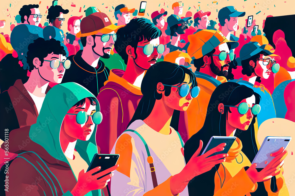 Crowd of diverse young people in glasses with gadgets. Colorful drawing in flat style. Generative AI
