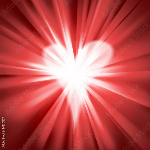 Red flare with a heart. Abstract romantic background with glowing heart. Shining love and romance concept. Graphic element for wedding invitation, birthday card. Vector illustration