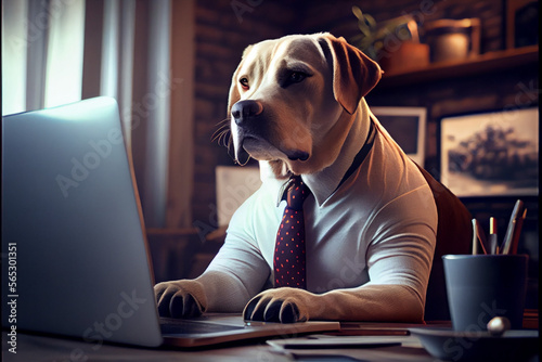 Labrador retriever working on a laptop in office wearing shirt and tie looking at the laptop, generative ai