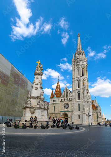 Matthias Church, a church located in Budapest, Hungary, in front of the Fisherman's Bastion at the heart of Buda's Castle District. 